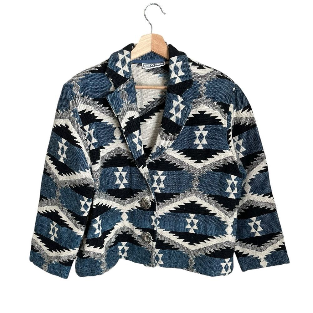 Dress Barn Vintage Southwestern Aztec Native Print Cotton Knit Cropped Blazer